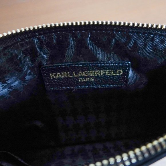 Karl Lagerfeld Paris Double Zip Wallet Wristlet Clutch Black Leather - Picture 5 of 6